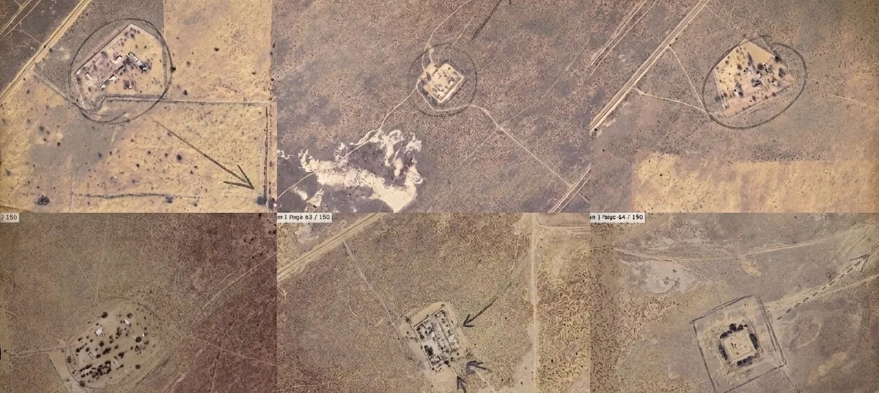 Satellite imagery of Indian Border Outposts in desert terrain — walled rectangular compounds visible against featureless sand, each one a fixed, geolocated target.